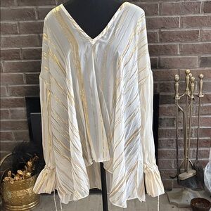 IRO White and Gold Striped V-Neck Blouse